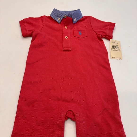 Ralph Lauren Baby Boy Collared Romper Salmon/ Red Sz 6 Months NWT - Picture 6 of 8